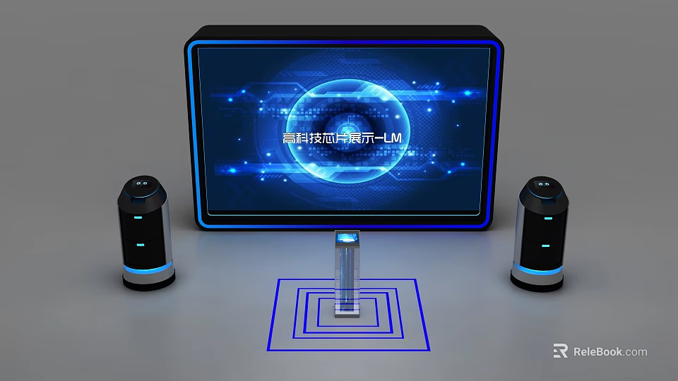 Modern Background Wall With Virtual Interface Blue Globe Digital Spots Flanking Devices And Central Column 3d model